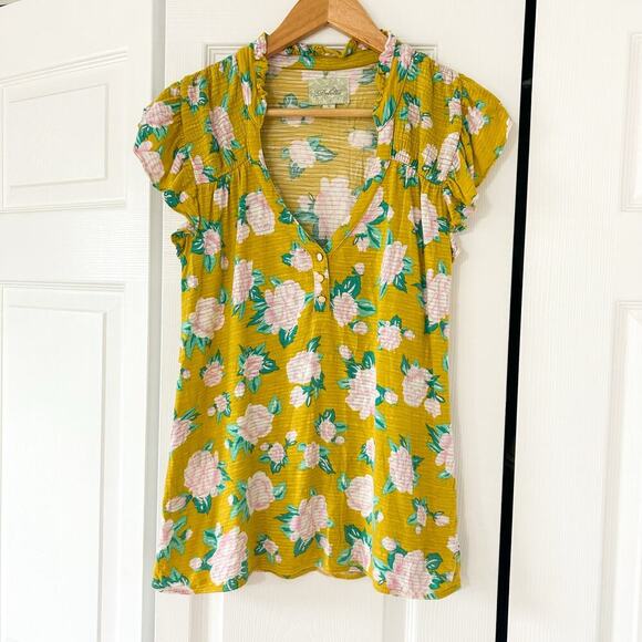 Anthropologie Deletta Mustard Floral Ruffle Sleeve Henley Top Blouse Size Small - Picture 1 of 5